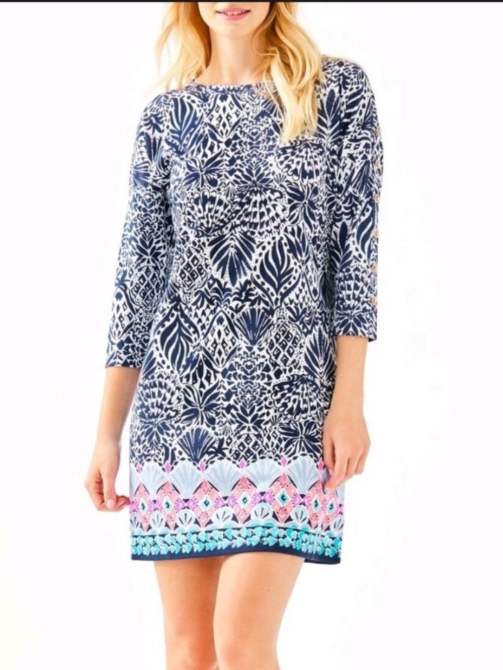 Lilly Pulitzer Navy and Multi Floral-Trim Swim Cover-Up Dress